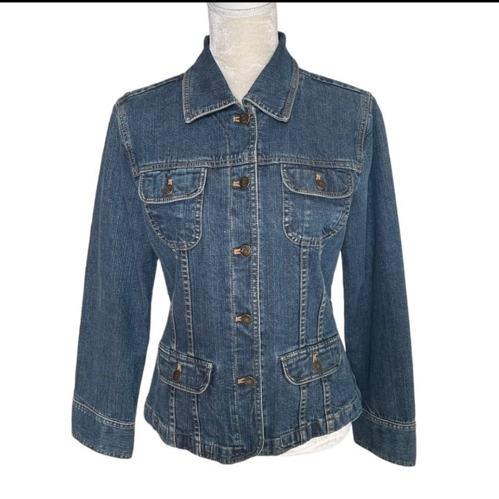 J. Jill Women’s Denim Blue Jean Jacket Size S Stretch Pockets Button Front